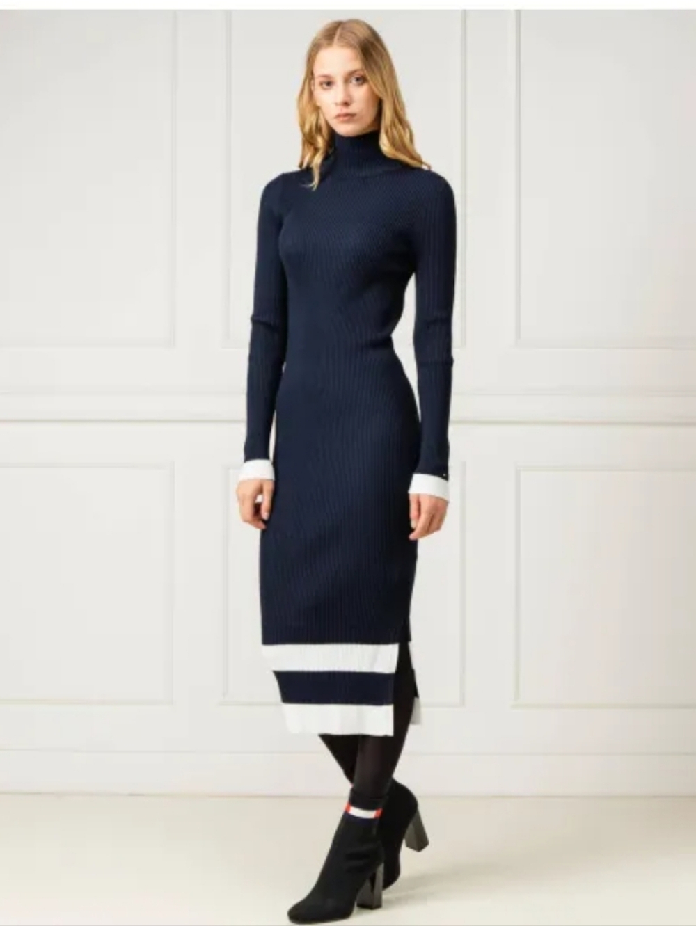 Tommy Hilfiger Mandie Long Sleeve High Neck Knit Sweater Midi Dress Blue Size L